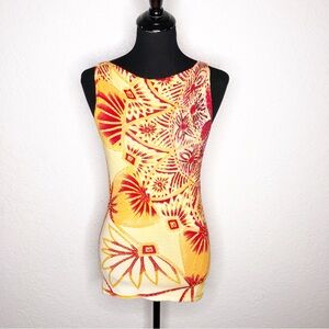 Cache orange red floral geometric beaded sleeveless knit top size Small